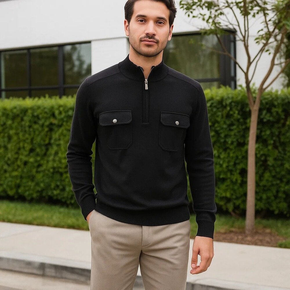 Michael Kors Wool Blend Black Long Sleeved 1/4 Zip Sweater Large‎ Smart Casual